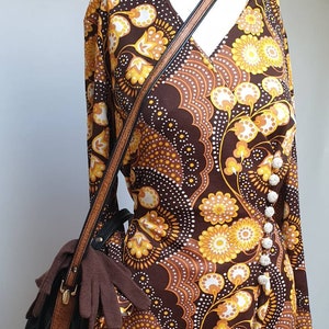Vintage 70s dress whit fur dress hem original floral and dot pattern brown and yellow hipster mod style dress vintage rare wrap dress 70s