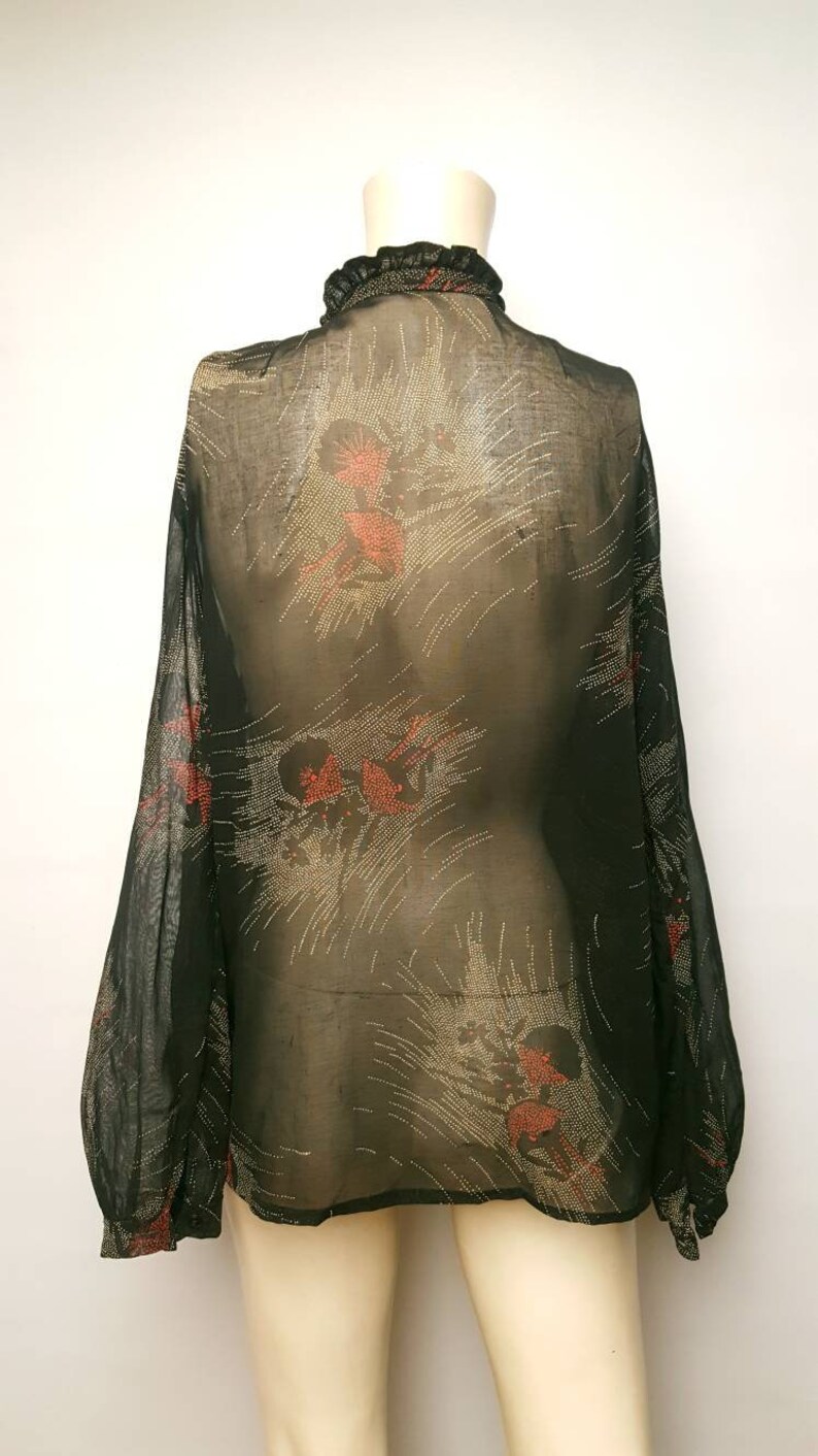 50s vintage cotton abstract pattern blouse ruffled collar buttons front transparent light material L XL size good preloved condition vtg top