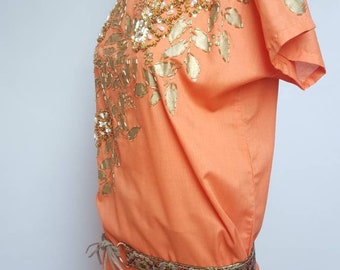 Maxi kaftan vintage dress orange cotton boho dress gold hand embroided and painted unique bohochic summer dress vintage 60s festival dress