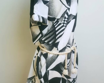 Black and white vintage dress viscose retro dress hand made cord belt for free suite more vintage style unique pattern simple cut 60s dress