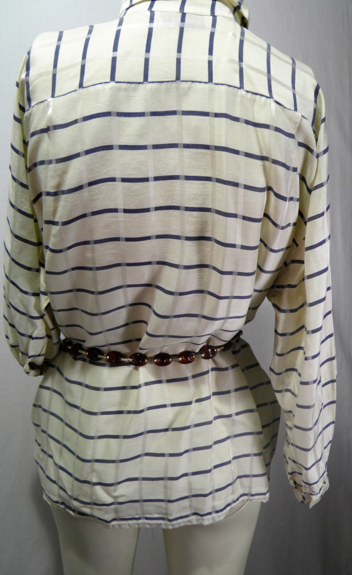 blouse by Kiki Faccioli made in itali silk shirt from 60. white and blue stripes vintage  rare top eco silk unique boutique production pearl, photo 4 of 5
