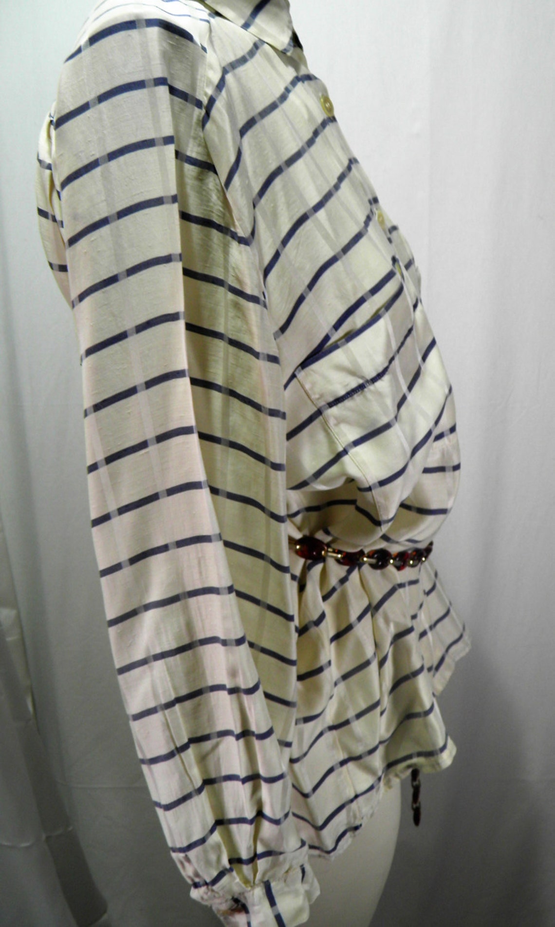 blouse by Kiki Faccioli made in itali silk shirt from 60. white and blue stripes vintage  rare top eco silk unique boutique production pearl, photo 3 of 5