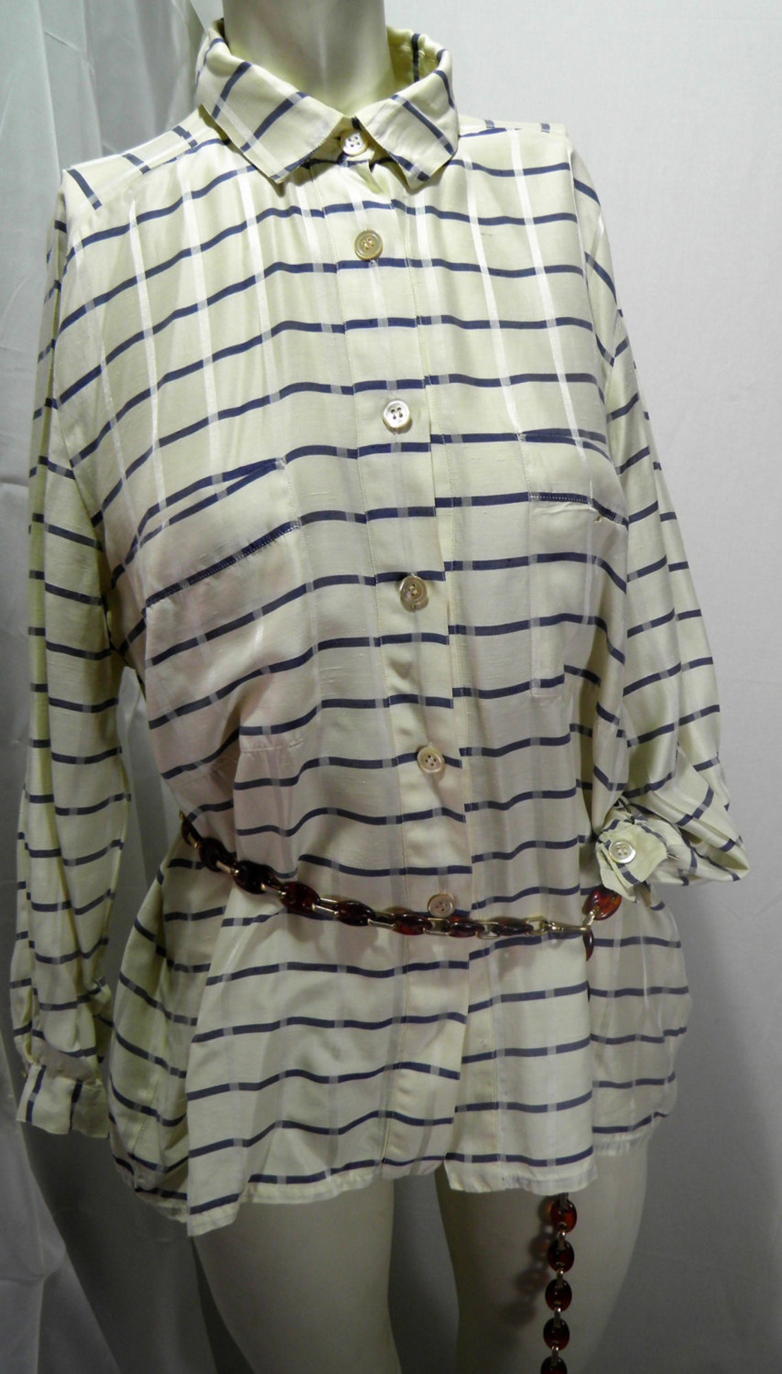 blouse by Kiki Faccioli made in itali silk shirt from 60. white and blue stripes vintage  rare top eco silk unique boutique production pearl, photo 1 of 5