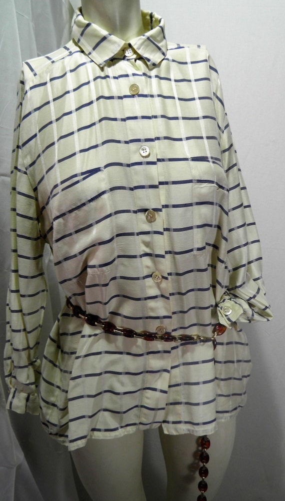 blouse by Kiki Faccioli made in itali silk shirt from 60. white and blue stripes vintage rare top eco silk unique boutique production pearl