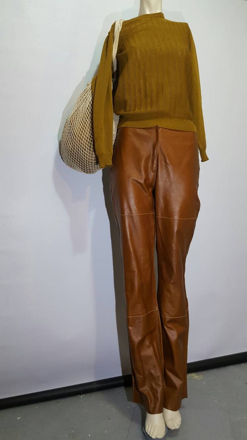 F Gallotti leather long pants italian manufacture real artigianal work vintage medium high waist back pocket beautiful contrast stiches