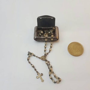 Rare antique Franch mother of pearl rosary catolic rosary and rosary box,religius antiques miniature box prayer box antique metal box shabby