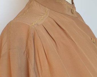 Vintage 80s silk blouse made in italy by Calbros pure silk vintage blouse whit gold embroided detile vintage brown silk blouse bohochoc look
