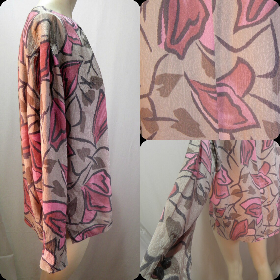 silk blouse from the sixties vintage shirt stylized flower pattern women shirt made in italy by MERLYˇS original sixties fashion pearl butto, Foto 4 von 5