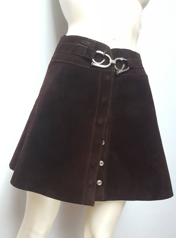 Unique 60s suede mini skirt press buttons front ha