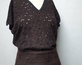 Vintage 70s shirt elegant sporty cotton material eyelet lace top vintage black perforated cotton fabric retro black shirt vintage lace shirt