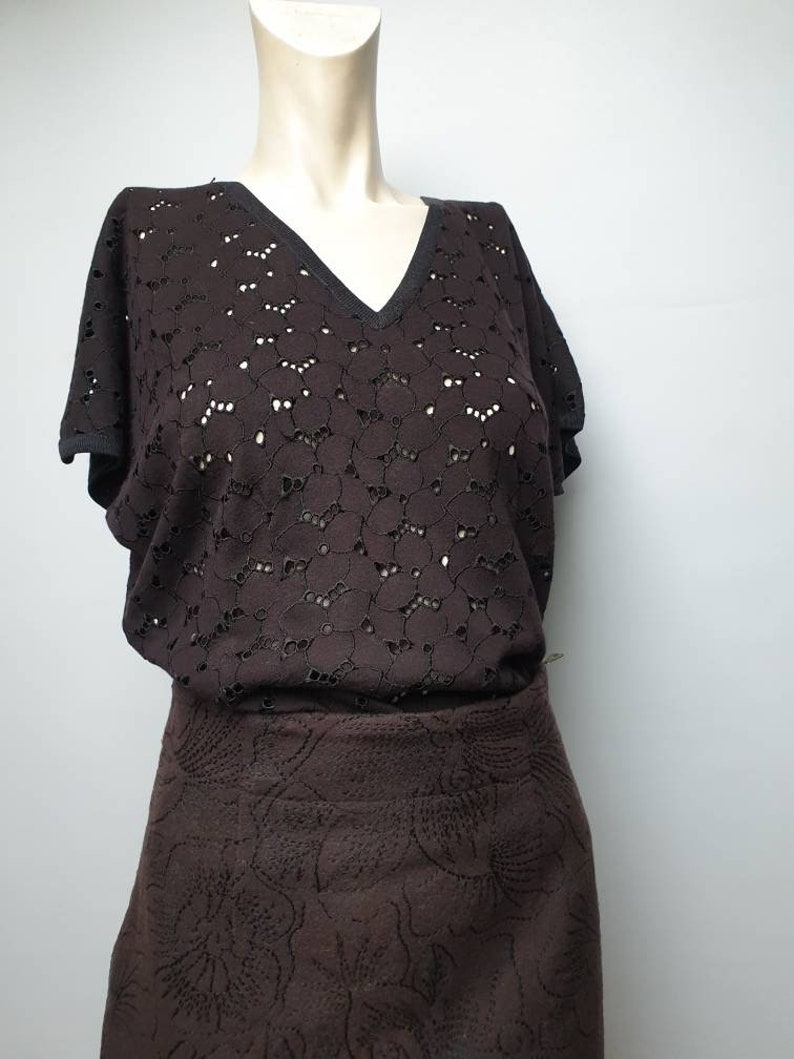 Vintage 70s shirt elegant sporty cotton material eyelet lace top vintage black perforated cotton fabric retro black shirt vintage lace shirt image 1