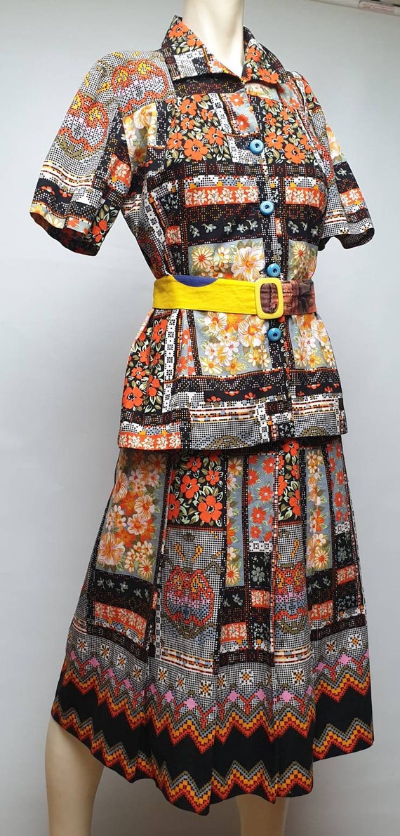 70s vintage skirt suite unikue two pices abstract flower pattern original vintage sevenities set cotton 70s skirt and short sleeve jacketset