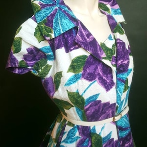 Vintage floraler print voller Rock Kleid hohe Taille-Pin up Stil retro 50er Jahre Kleid original Vintage preloved Kleid großen Kragen Kurzarm Kleid