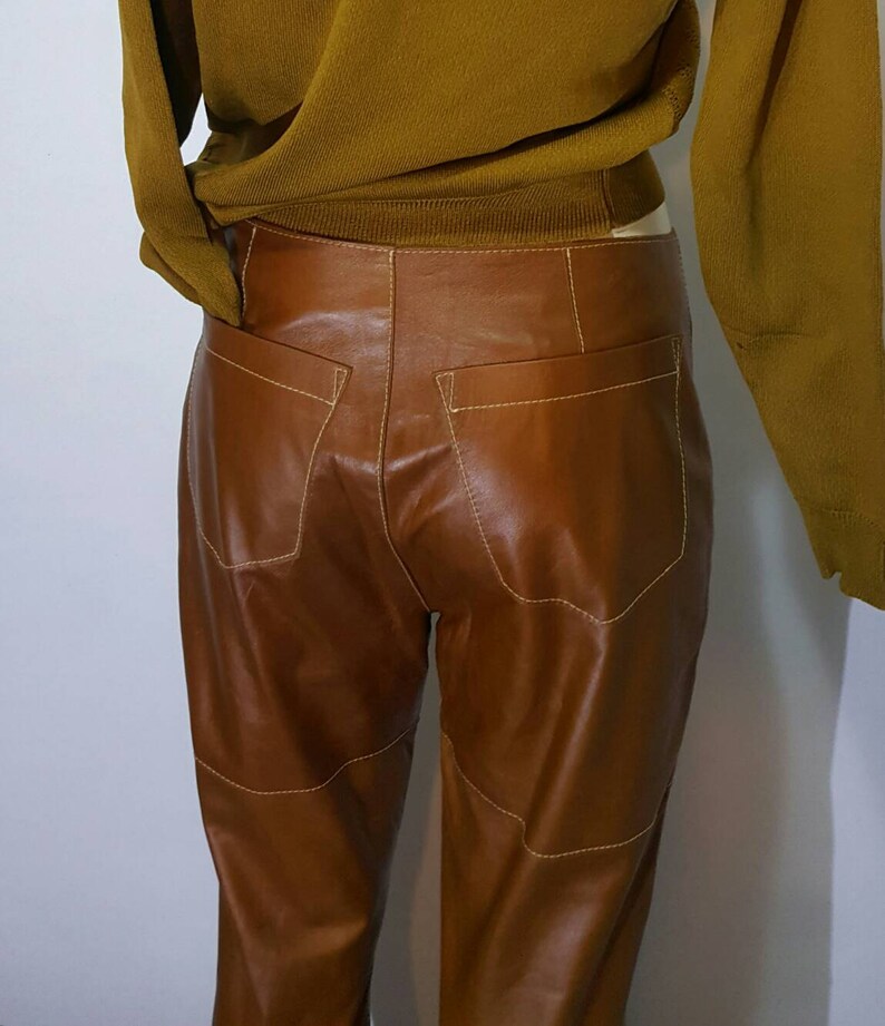 F Gallotti leather long pants italian manufacture real artigianal work vintage medium high waist back pocket beautiful contrast stiches