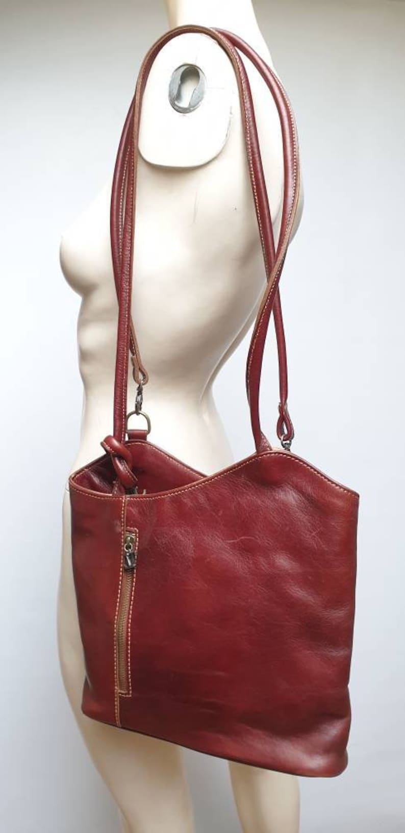 Tuscany Leathr artiganal leather bag backpack adjustable stripes urban look luxury bag striped textile lining burgundy leather preloved bag image 5