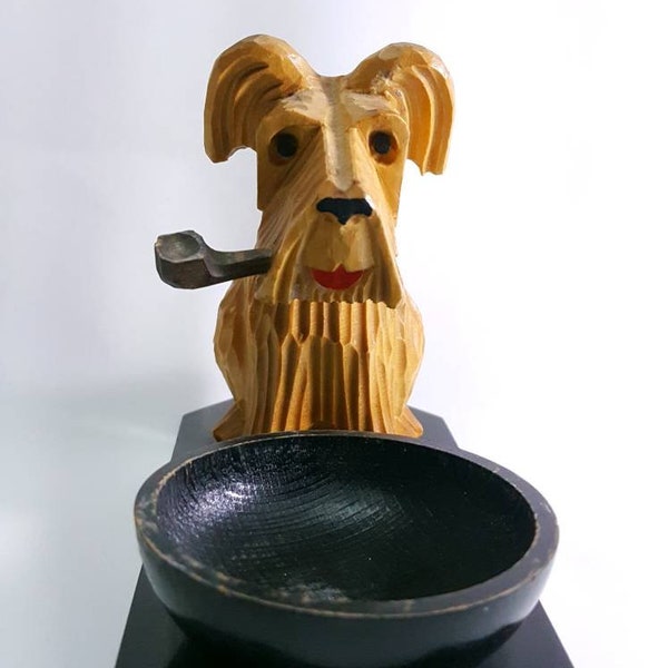 Porta pipa per cani intagliata a mano vintage realizzato negli anni '40 unico uomo decorazione domestica regalo tabaco pipe stender schottish terier whit pipe home decore