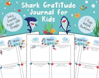 Shark-Themed Gratitude Journal Download | Guided Gratitude Journal for Kids | Colourful Daily Pages with Prompts | Instant Download PDF