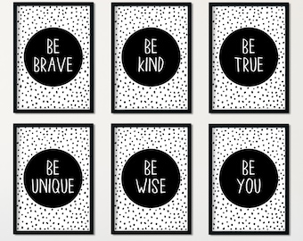 Positive Wall Art For Kids | Affirmation Wall Art | Be Brave, Be Kind, Be True, Be Unique, Be Wise, Be You | Set of 6 | Instant Download