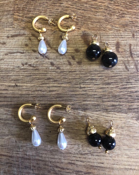 Gold Hoop and Pearl Teardrop Earrings - Interchan… - image 1