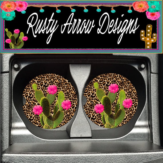 Pink & Lime Green Leopard Design Custom Sandstone Car Coasters