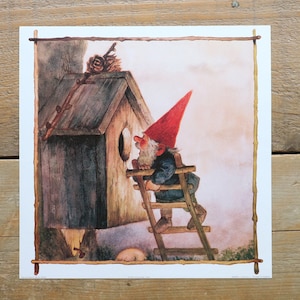 Vintage art print 80s. 28x28 cm. David the gnome on the ladder at the birdhouse. By Rien Poortvliet.