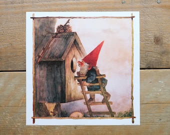 Vintage art print 80s. 28x28 cm. David the gnome on the ladder at the birdhouse. By Rien Poortvliet.