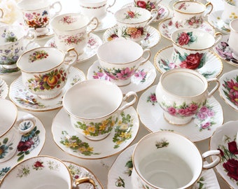 Vintage Floral Tea Cups with Saucers, Mismatched Set of 10