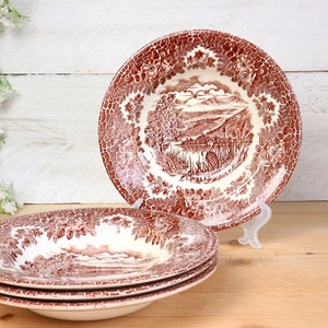 Set of 4 vintage English brown transferware soup plates, deep plates from EIT England