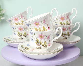 Taza de té inglesa vintage y platillo Richmond, anémona salvaje, taza de té de porcelana ósea