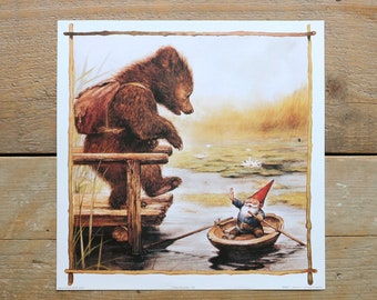 Vintage art print 80s. 28x28 cm. David the gnome and his big friend the bear. By Rien Poortvliet.