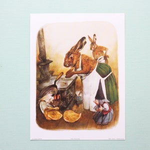 May include: A vintage illustration of a rabbit wearing an apron and cooking pancakes on a stove. A smaller rabbit and a gnome watch from the side.