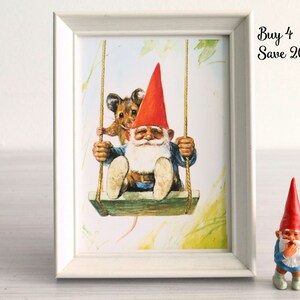 Vintage art print 80s. 13x18 cm. David the gnome on a swing. By Rien Poortvliet. image 2