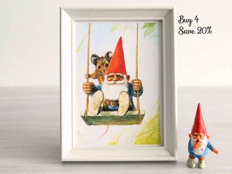 Vintage art print 80s. 13x18 cm. David the gnome on a swing. By Rien Poortvliet. image 2