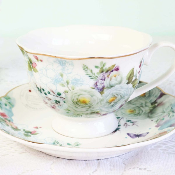 Beautiful tea cup and saucer, high tea, bridal shower teacup, wedding gift, shabby chic