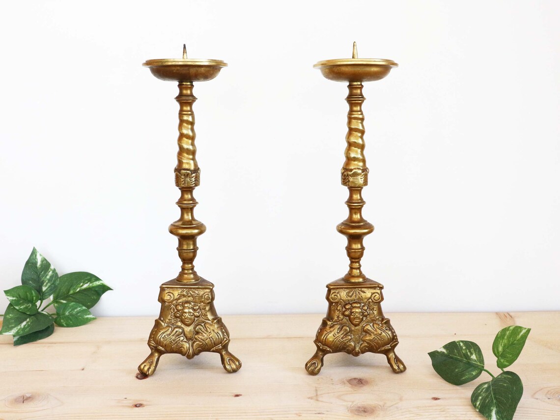 Antique French Candle Holders a Pair Bronze Church Altar Etsy