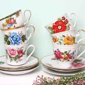 Tea party set, 6 mismatched tea cups, vintage German teacups, mix and match, retro tea cups.