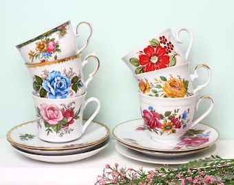 Tea party set, 6 mismatched tea cups, vintage German teacups, mix and match, retro tea cups.