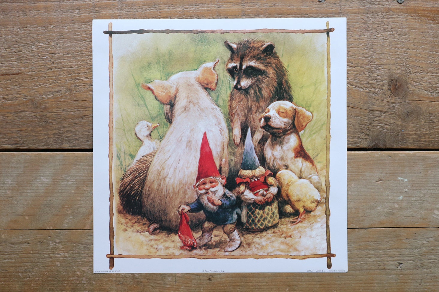 Vintage art print 80s. 28x28 cm. David the gnome and his girl friend Lisa playing a game with their friends. By Rien Poortvliet.