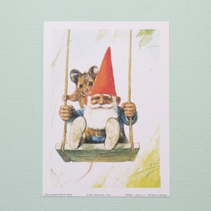 Vintage art print 80s. 13x18 cm. David the gnome on a swing. By Rien Poortvliet. image 1