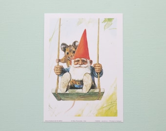 Vintage art print 80s. 13x18 cm. David the gnome on a swing. By Rien Poortvliet.
