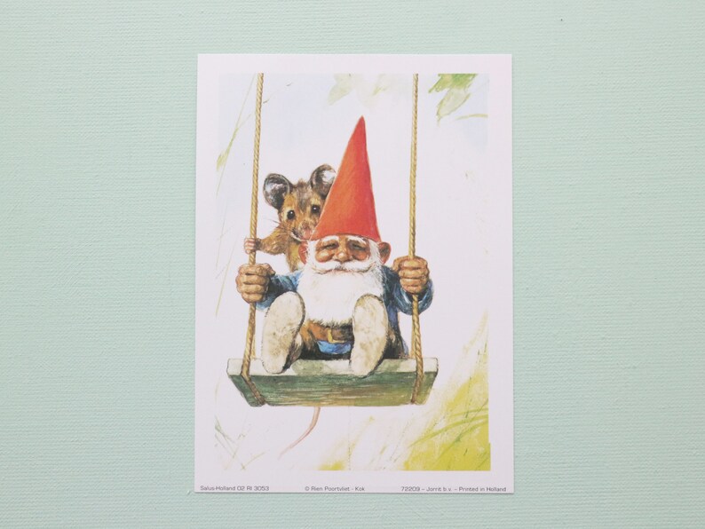 Vintage art print 80s. 13x18 cm. David the gnome on a swing. By Rien Poortvliet. image 1