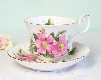Vintage Royal Albert tekopp med fat, Prairie Rose, benporslin England