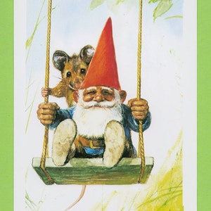 Vintage art print 80s. 13x18 cm. David the gnome on a swing. By Rien Poortvliet. image 4