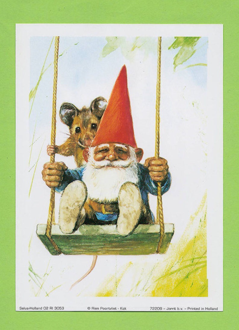 Vintage art print 80s. 13x18 cm. David the gnome on a swing. By Rien Poortvliet. image 4