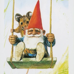 Vintage art print 80s. 13x18 cm. David the gnome on a swing. By Rien Poortvliet. image 3