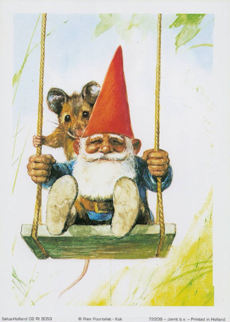 Vintage art print 80s. 13x18 cm. David the gnome on a swing. By Rien Poortvliet. image 3