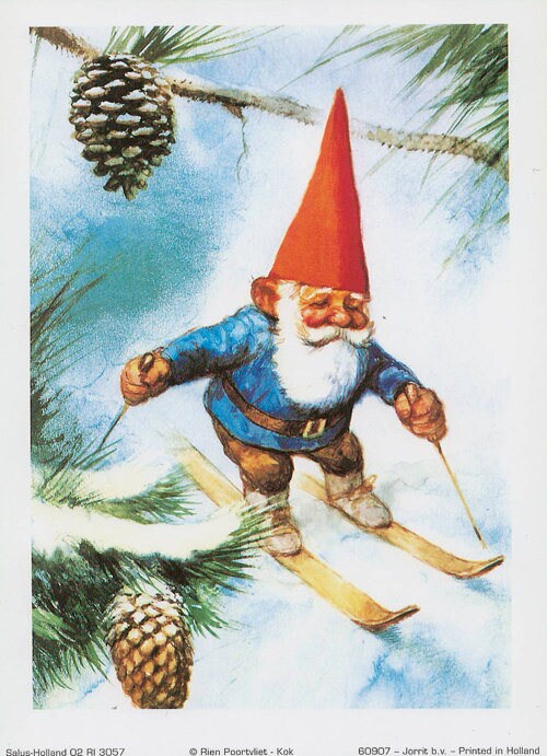 Vintage Christmas Gnomes Cutting Christmas Tree Holiday Card