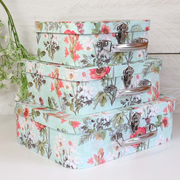 Vintage look suitcases for storage, decoration, gift packaging. Floral sturdy cardboard suitcases.