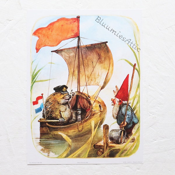 Vintage Kunstdruck 80er Jahre. David der Gnom winkt seinem Freund dem Igel im Boot zu. Design von Rien Poortvliet.