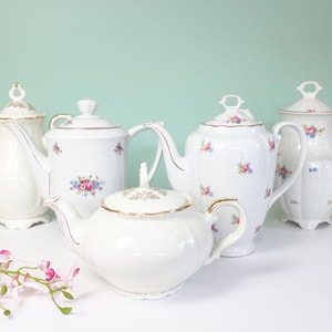 Vintage floral tea pots, party supplies, tea party decor